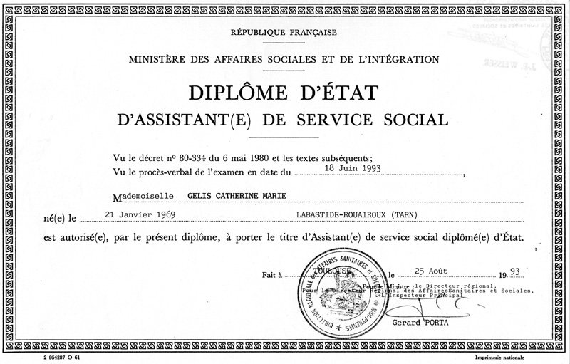 Diplôme d'Etat d'Assistante de Service Social délivré à Catherine Gélis